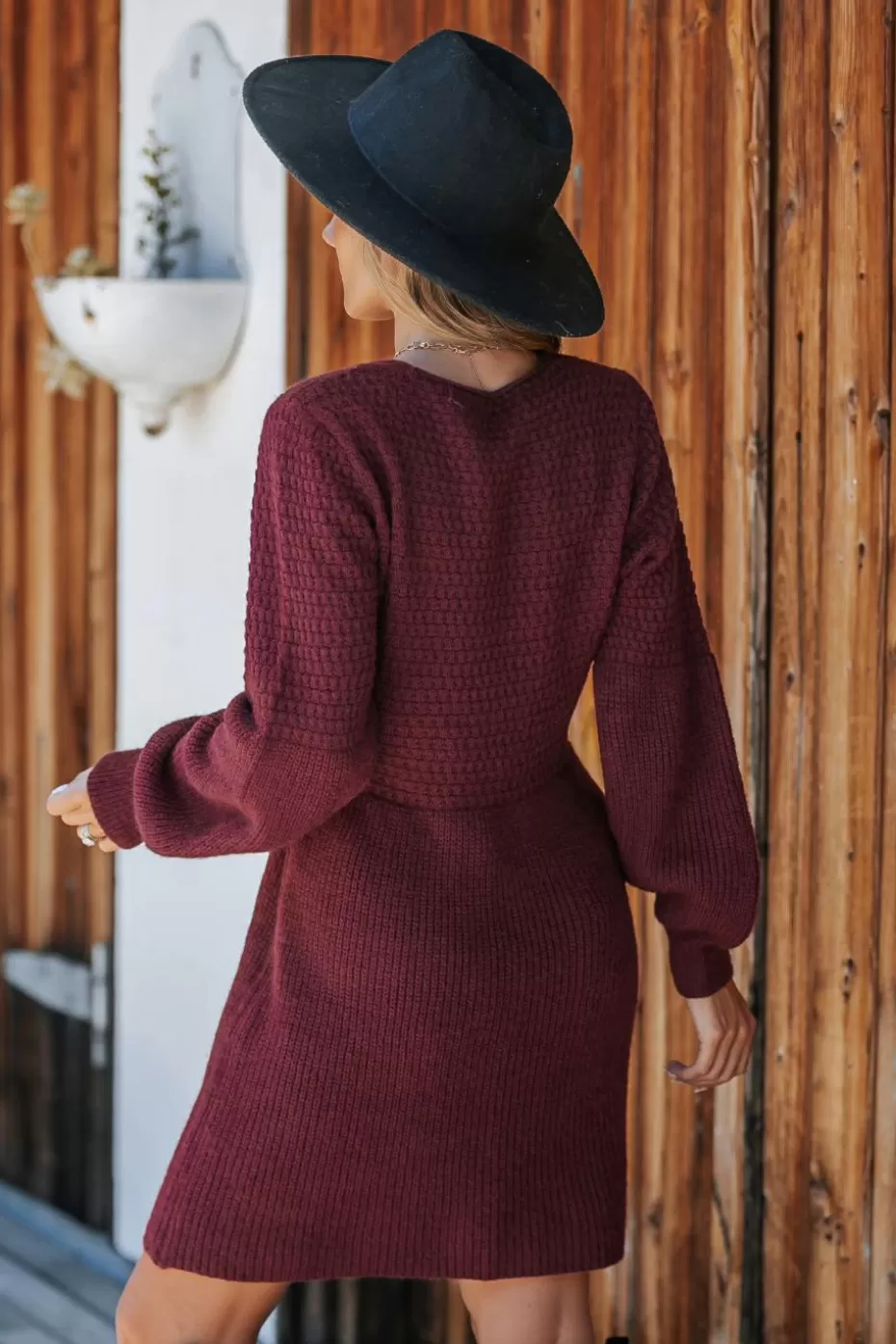 Fashion Cupshe Burgundy V-Neck Gigot Sleeve Sweater Dress Burgandy