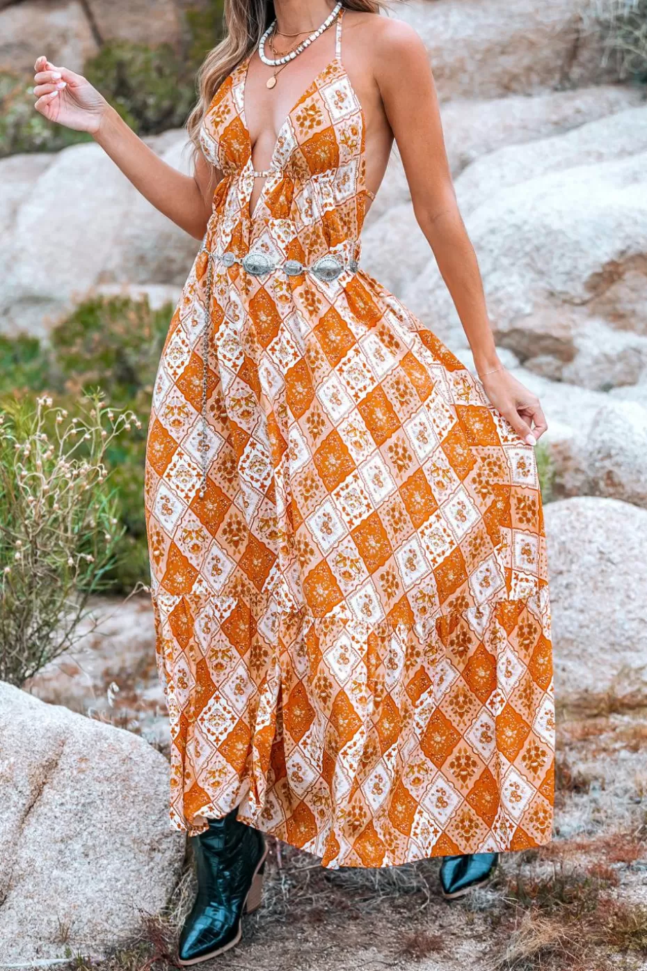 Clearance Cupshe Boho Sleeveless Plunging Maxi Dress Burnt Orange