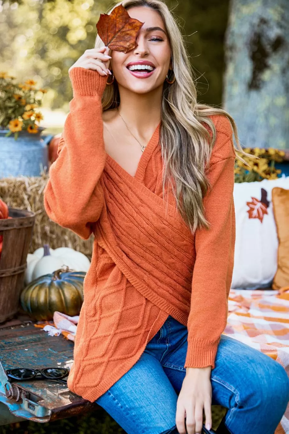 Clearance Cupshe Cable Knit Asymmetrical Off-Shoulder Sweater Burnt Orange