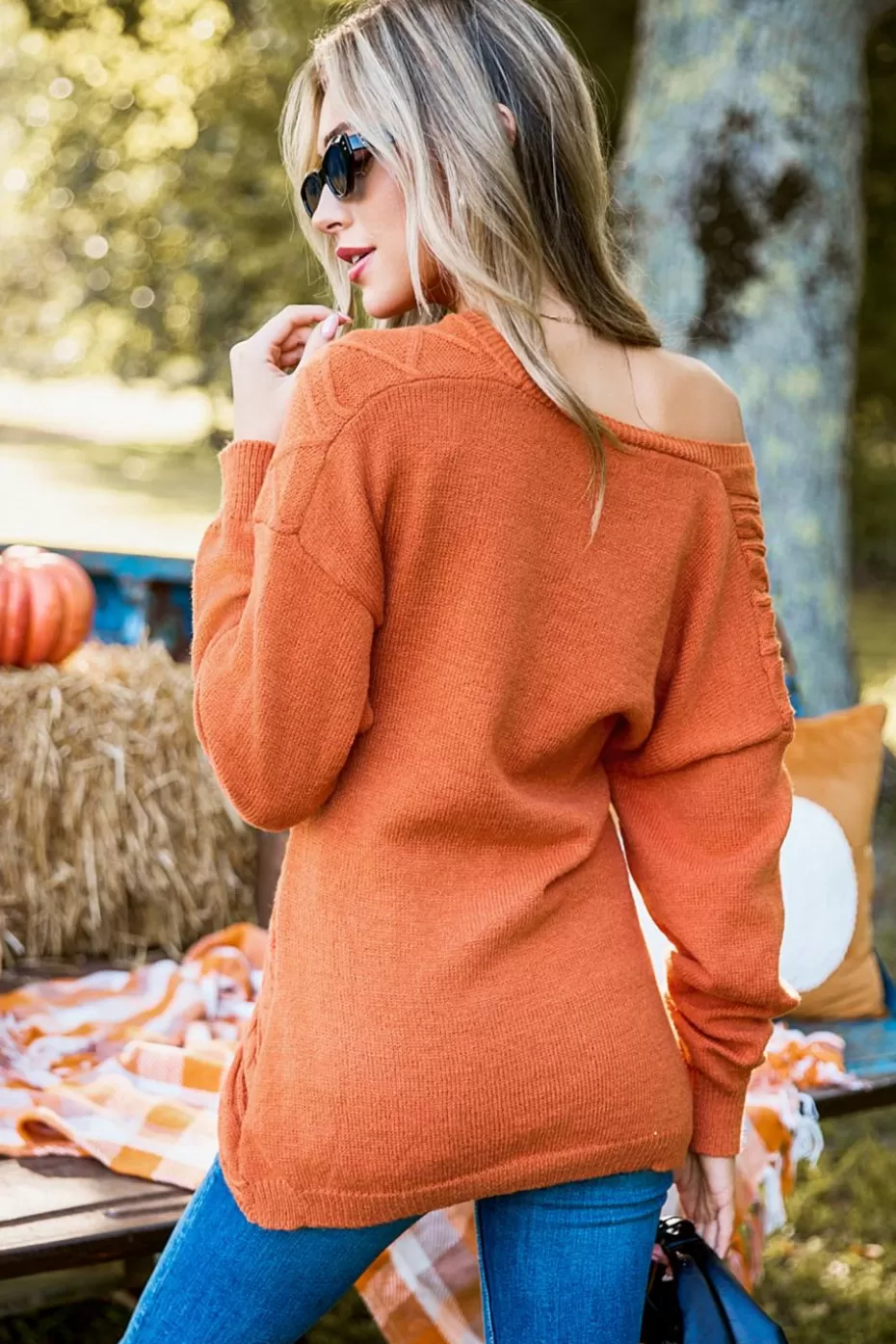 Clearance Cupshe Cable Knit Asymmetrical Off-Shoulder Sweater Burnt Orange