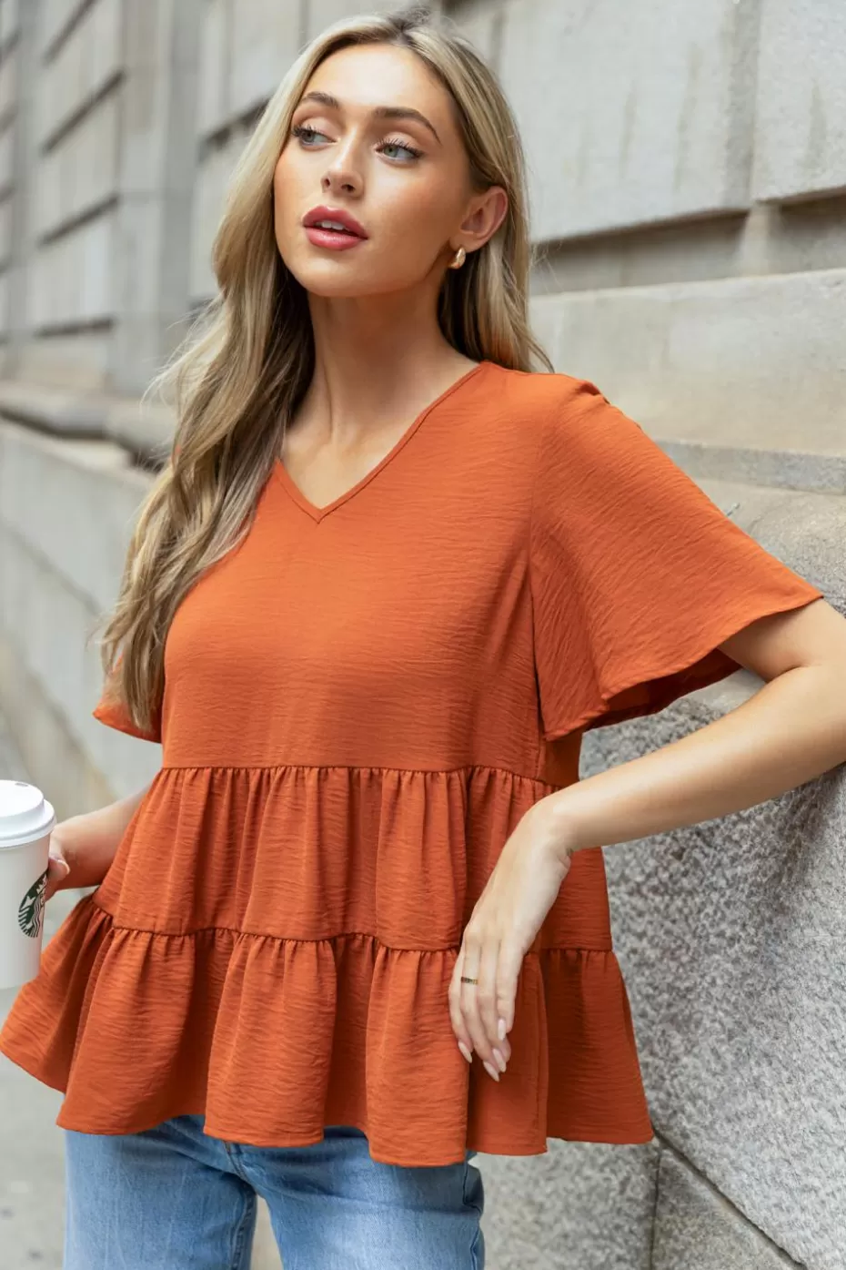 Sale Cupshe Flared Sleeve Paneled Blouse Burnt Orange