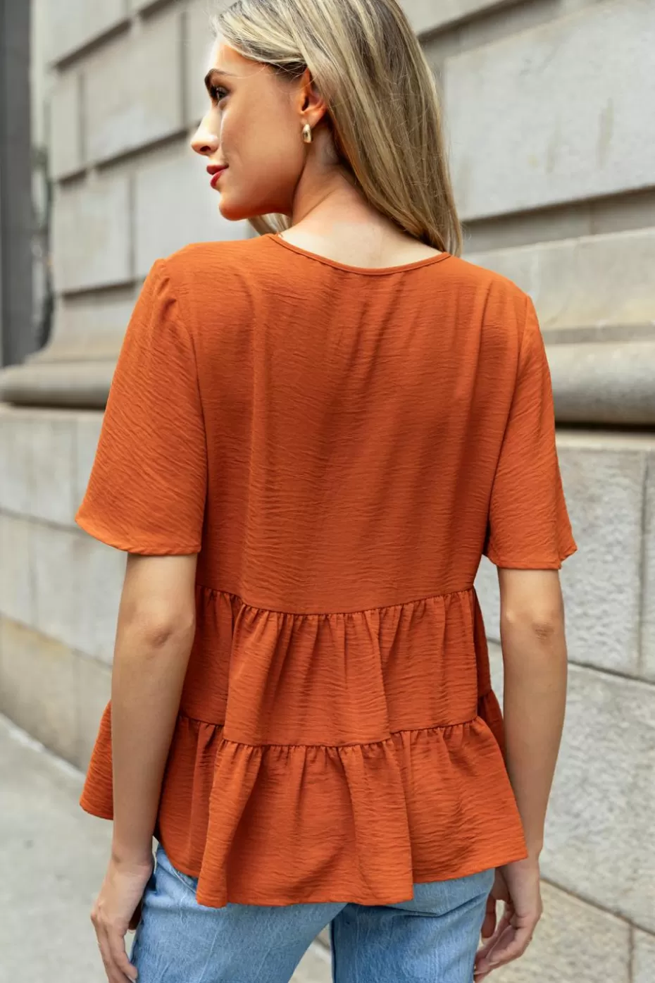 Sale Cupshe Flared Sleeve Paneled Blouse Burnt Orange