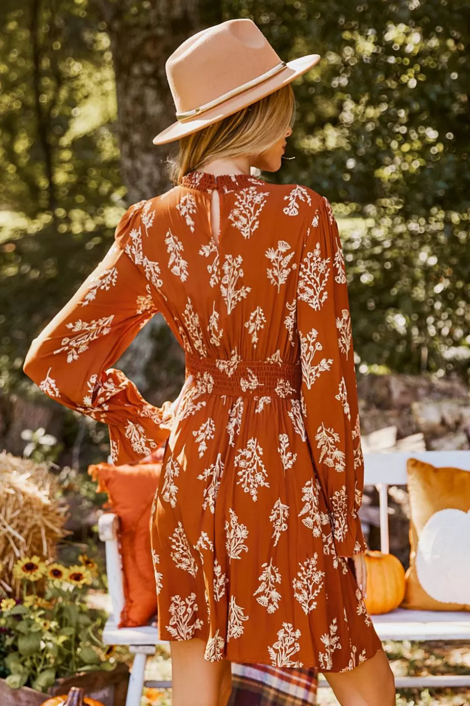 Hot Cupshe Floral Blouson Sleeve Mini Dress Burnt Orange