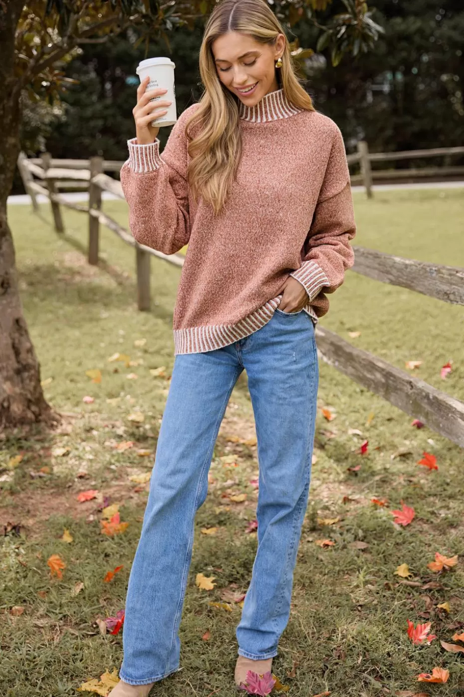 Sale Cupshe Mockneck Long Sleeve Sweater Burnt Orange