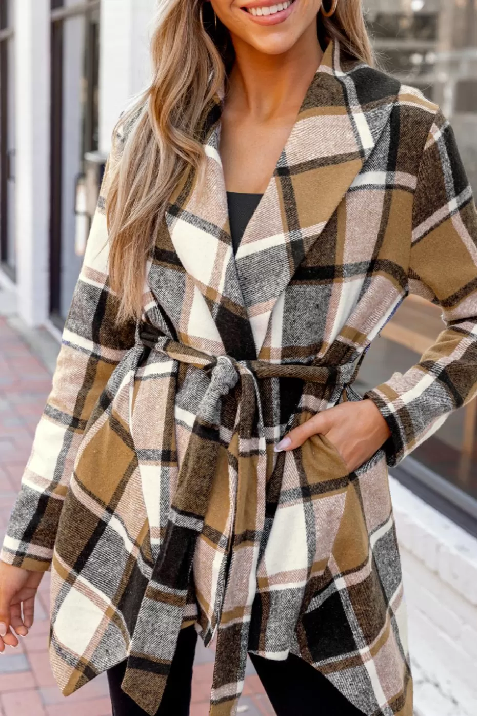 Sale Cupshe Plaid Collared Long Sleeve Wrap Jacket Burnt Orange