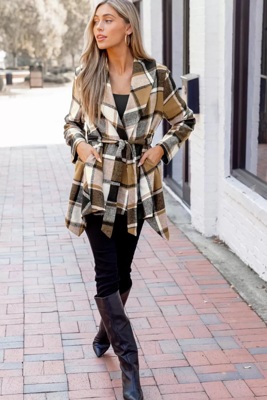 Sale Cupshe Plaid Collared Long Sleeve Wrap Jacket Burnt Orange