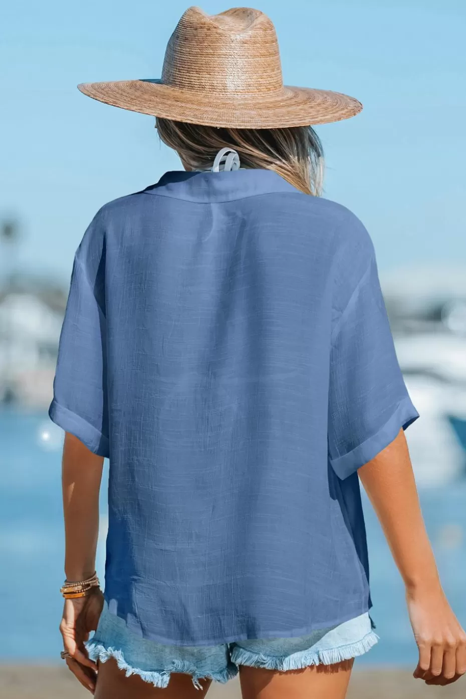 New Cupshe Button Front Collared V-Neck Cover-Up Top Sky