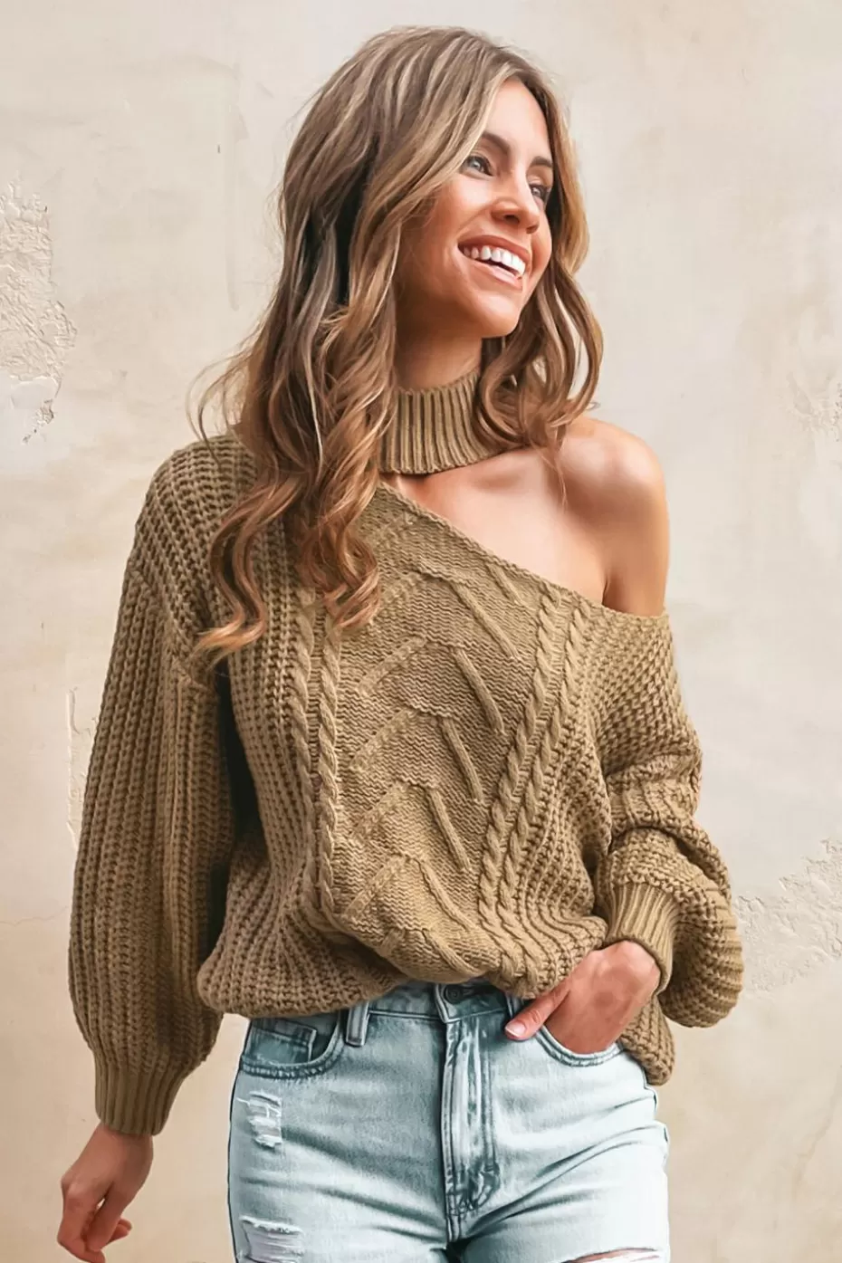 Best Cupshe Cable Knit Cutout Mock Neck Sweater Sand