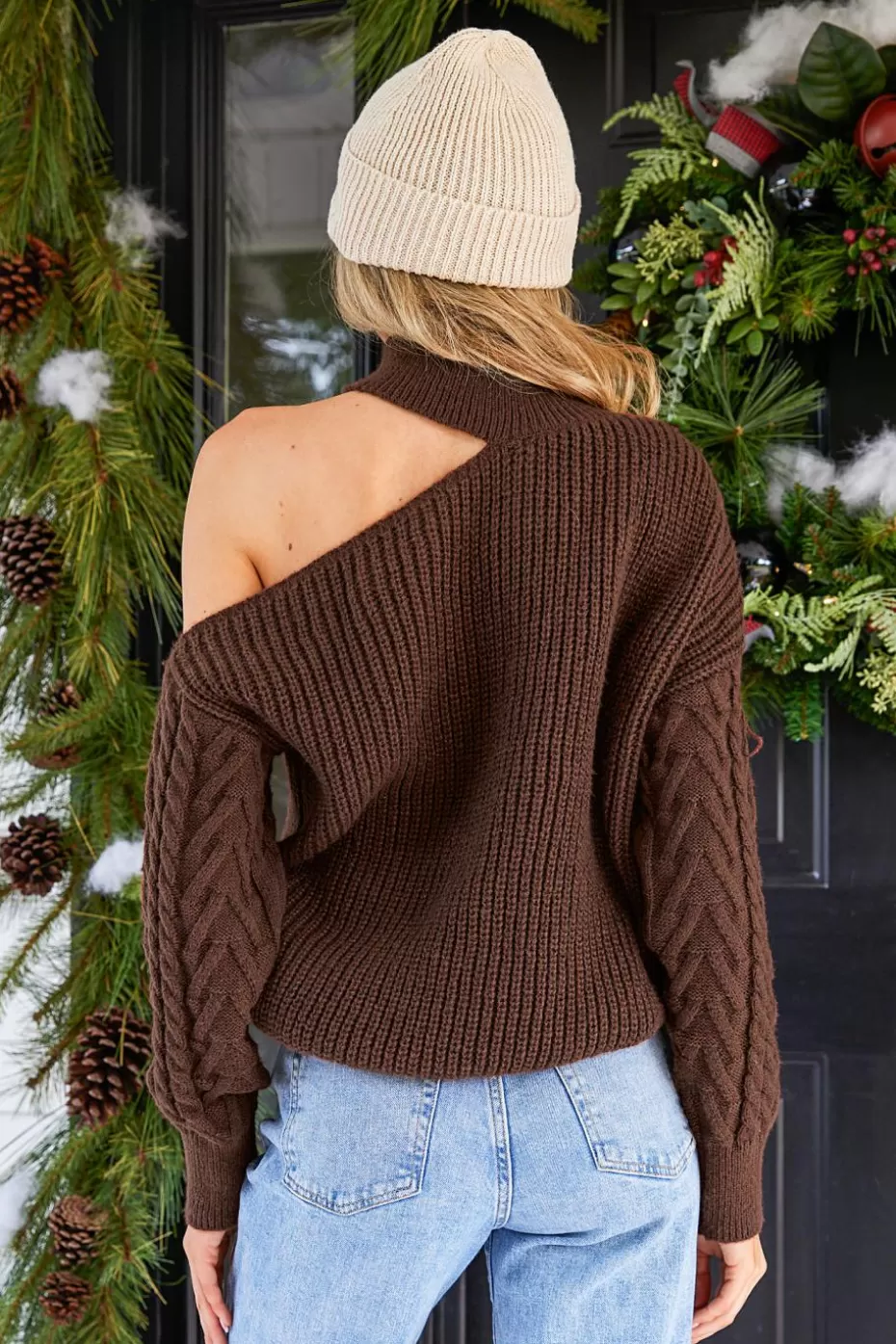 Store Cupshe Cable Knit Turtleneck Cutout Sweater Coffee/Espresso/Tobacco