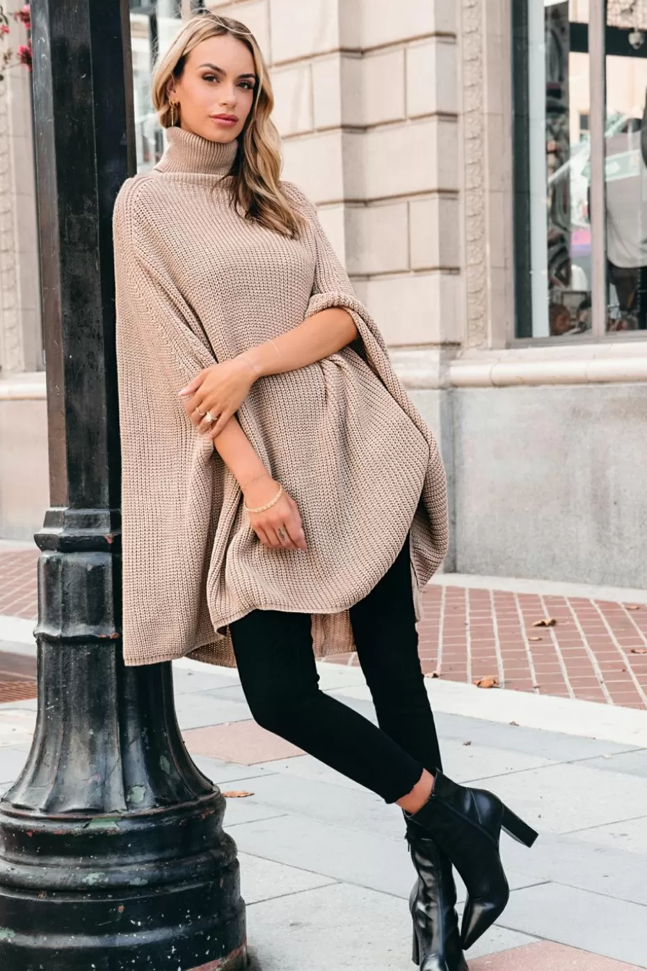 Hot Cupshe Knit Turtleneck Poncho Camel