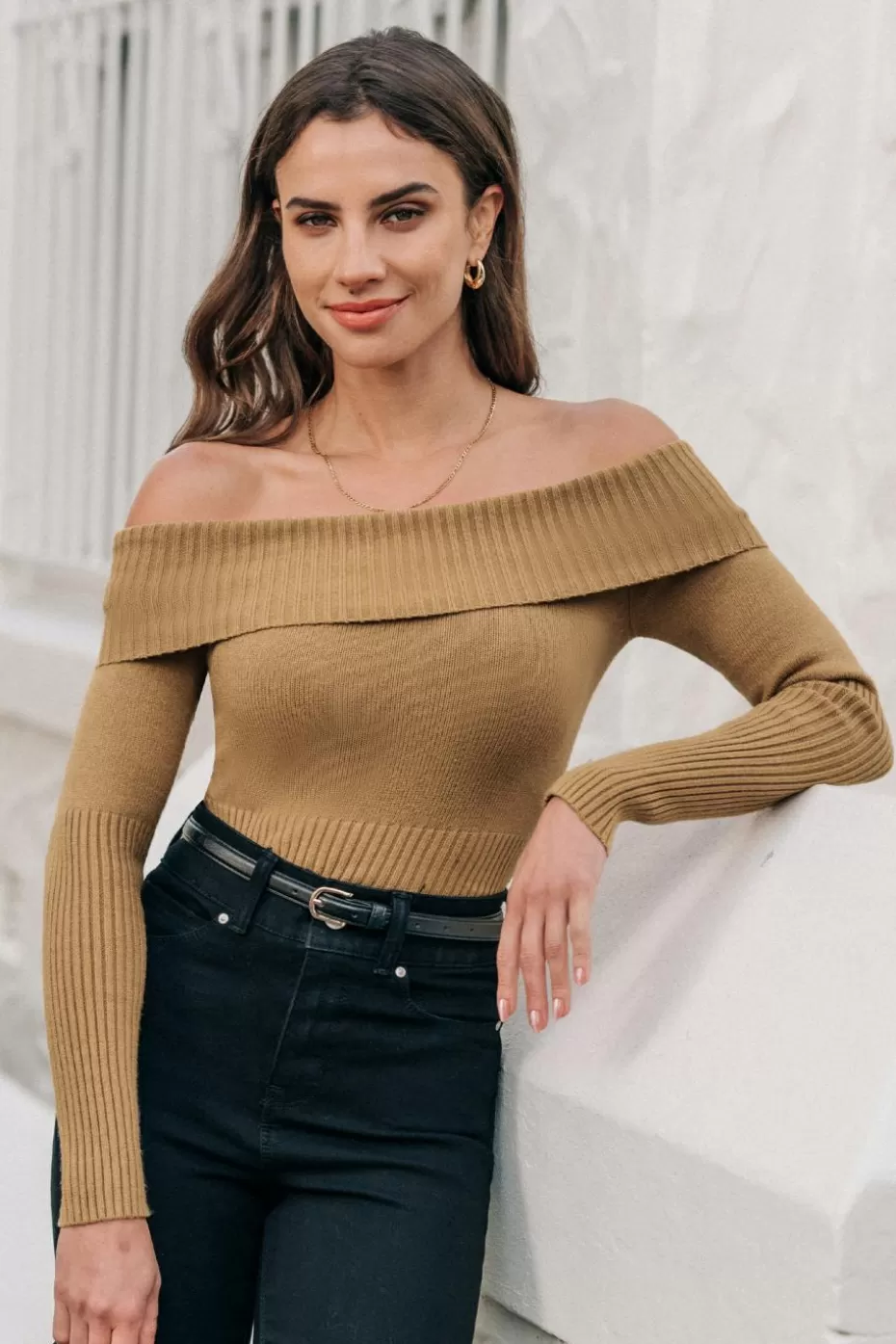 Best Sale Cupshe Off-Shoulder Long Sleeve Sweater Camel