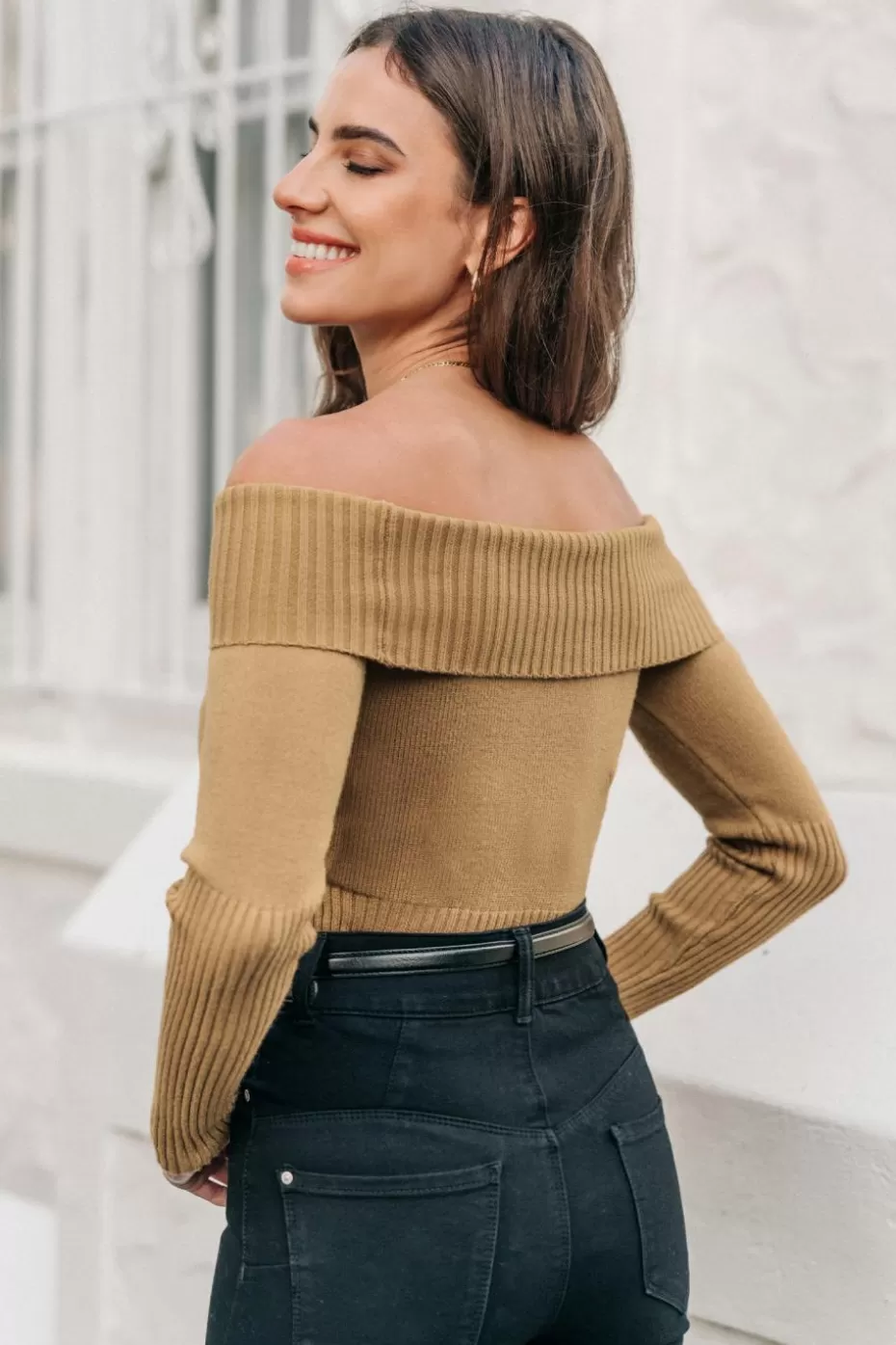 Best Sale Cupshe Off-Shoulder Long Sleeve Sweater Camel