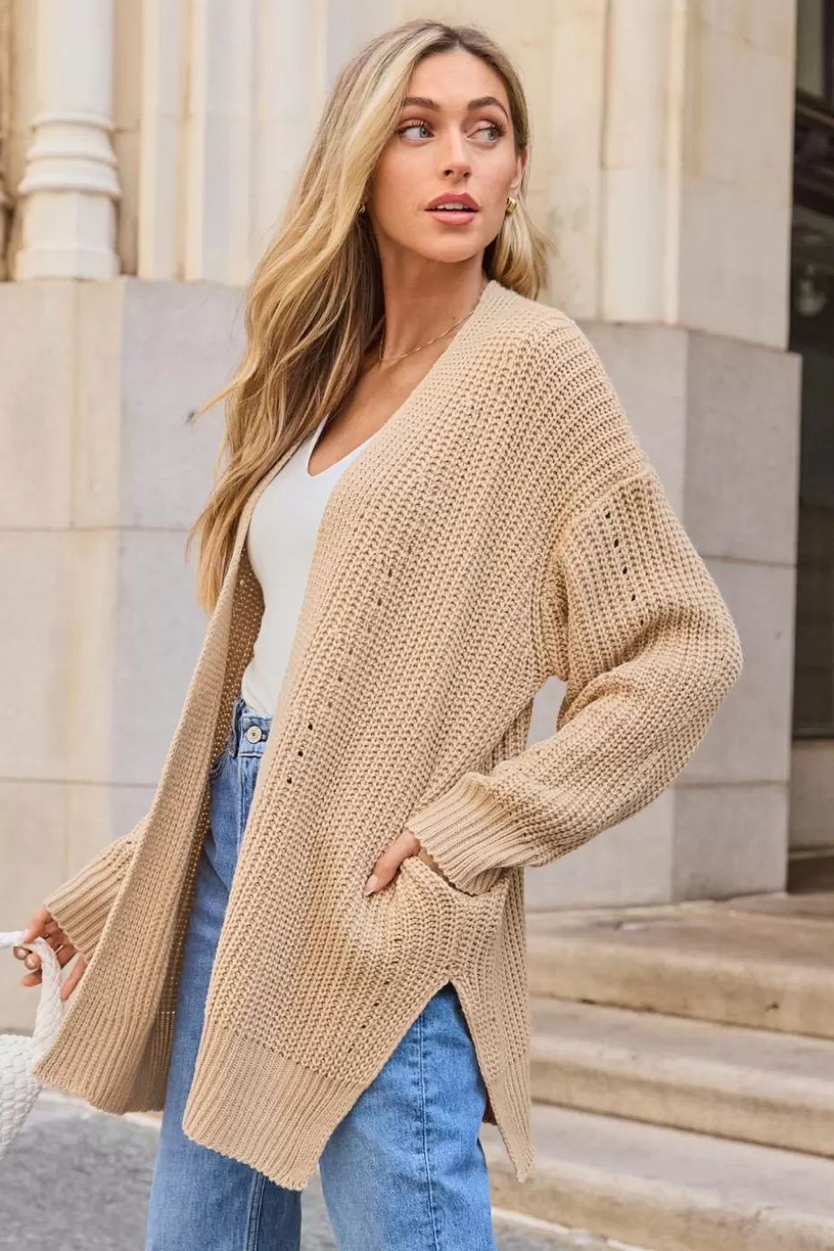 Online Cupshe Open Front Long Sleeve Cardigan Camel