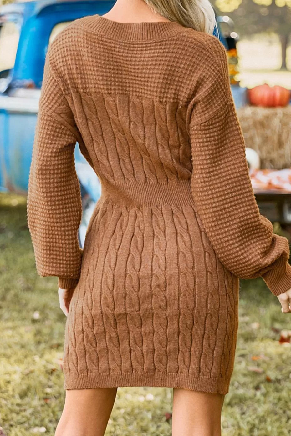 Shop Cupshe Round Neck Long Puff Sleeve Mini Sweater Dress Camel