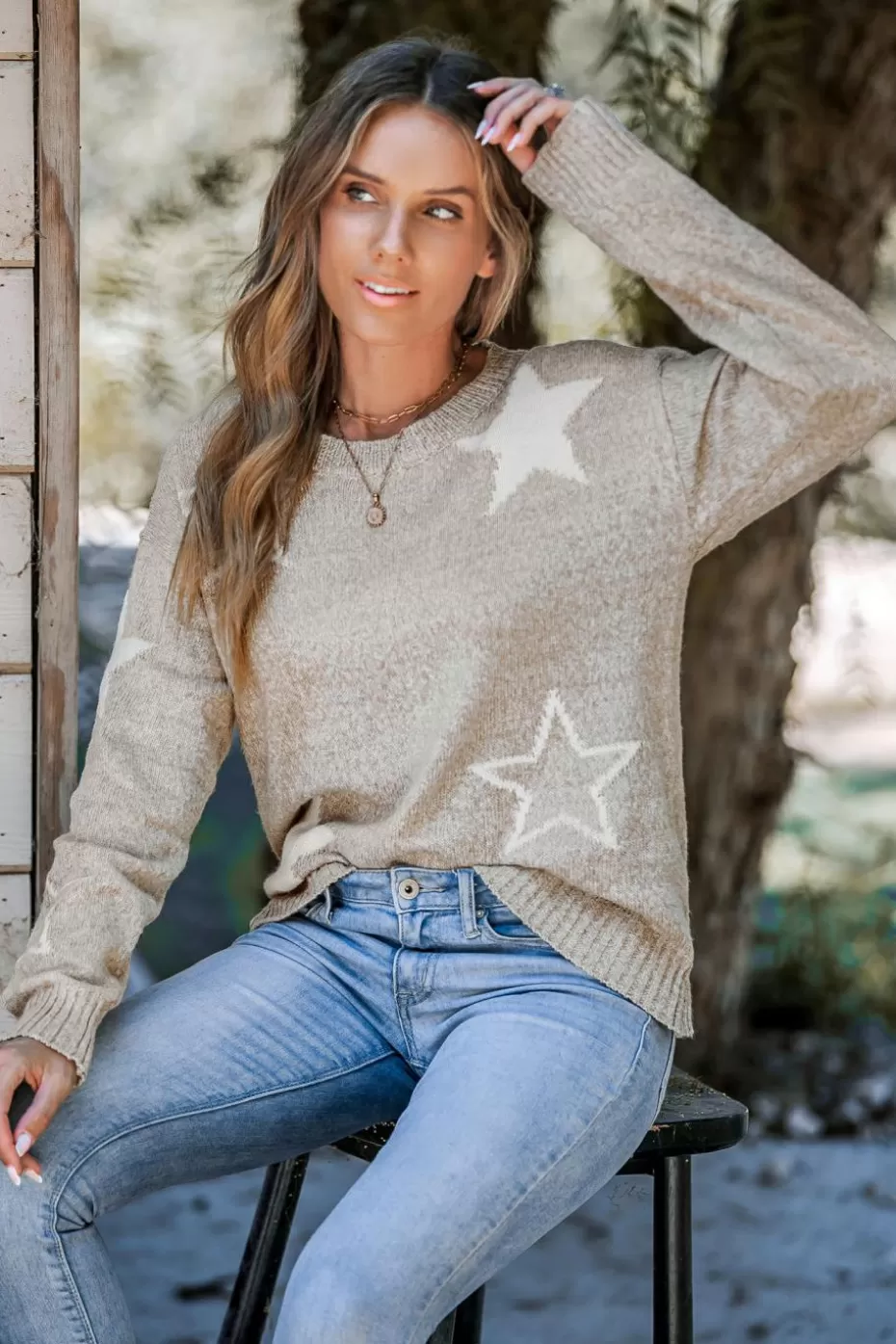 Best Cupshe Star Print Long Sleeve Sweater Camel