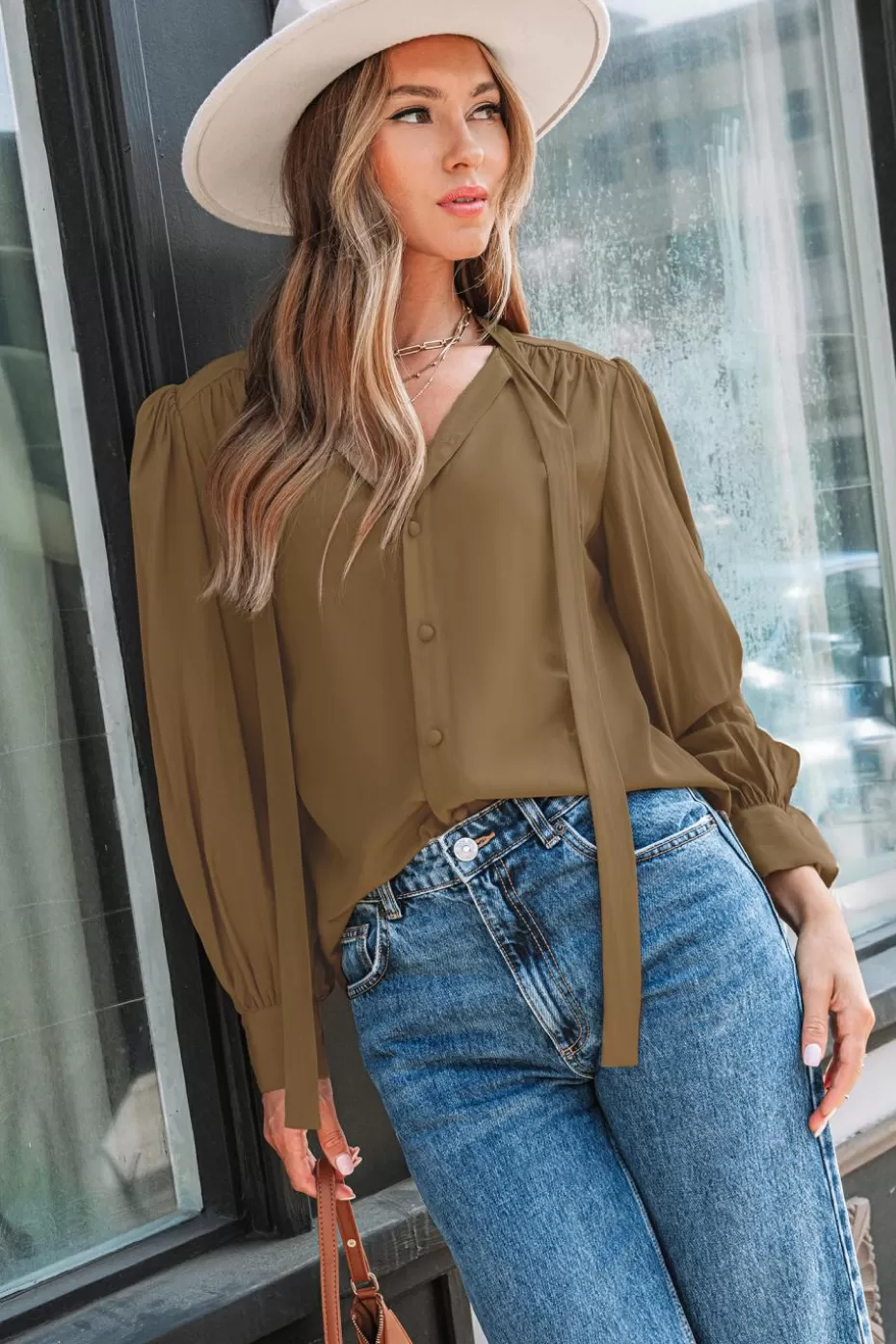 Best Cupshe Tie Neck Puff Sleeve Blouse Camel