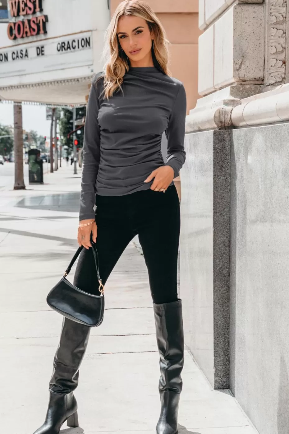 Discount Cupshe Charcoal High Neck Long Sleeve Top Dark Grey/Charcoal/Gunmetal