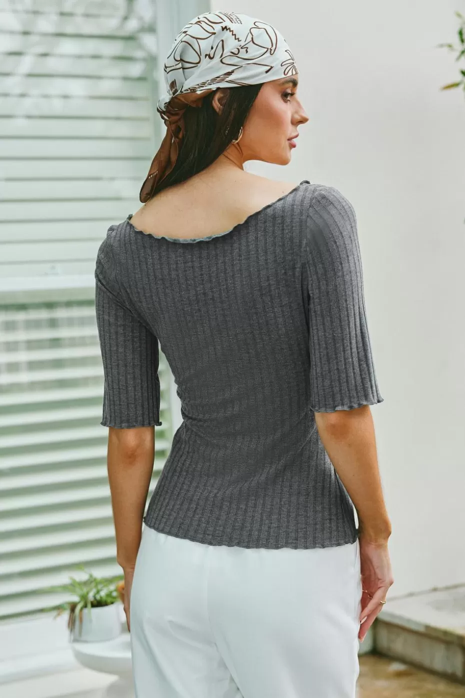 Best Sale Cupshe Charcoal Ribbed Knit Boatneck Half Sleeve Top Dark Grey/Charcoal/Gunmetal