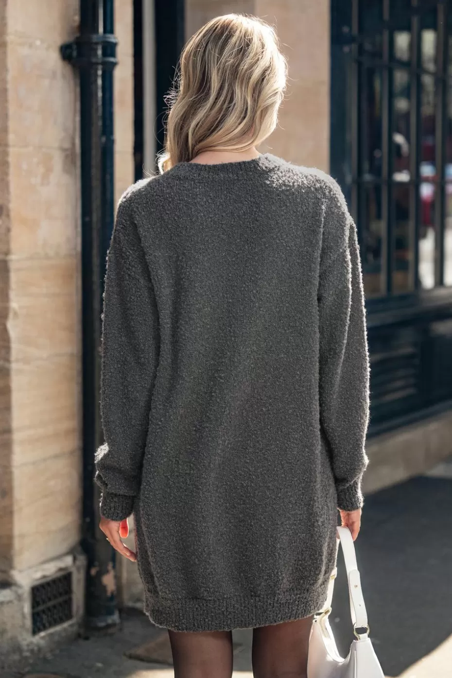 Fashion Cupshe Charcoal Round Neck Long Sleeve Mini Sweater Dress Grey