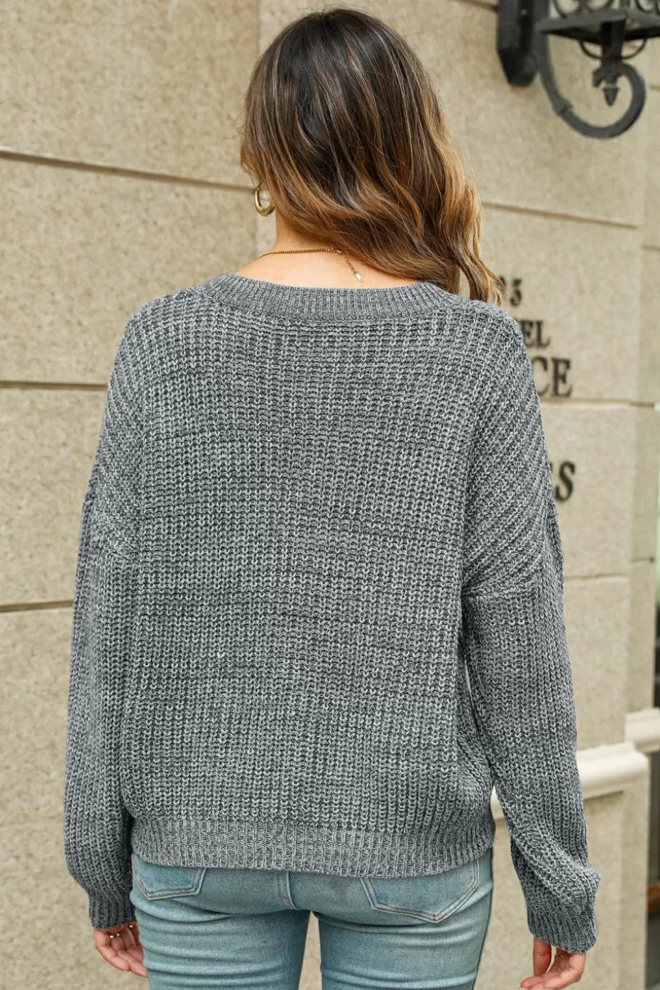 Shop Cupshe Chunky Heathered Knit V-Neck Sweater Dark Grey/Charcoal/Gunmetal