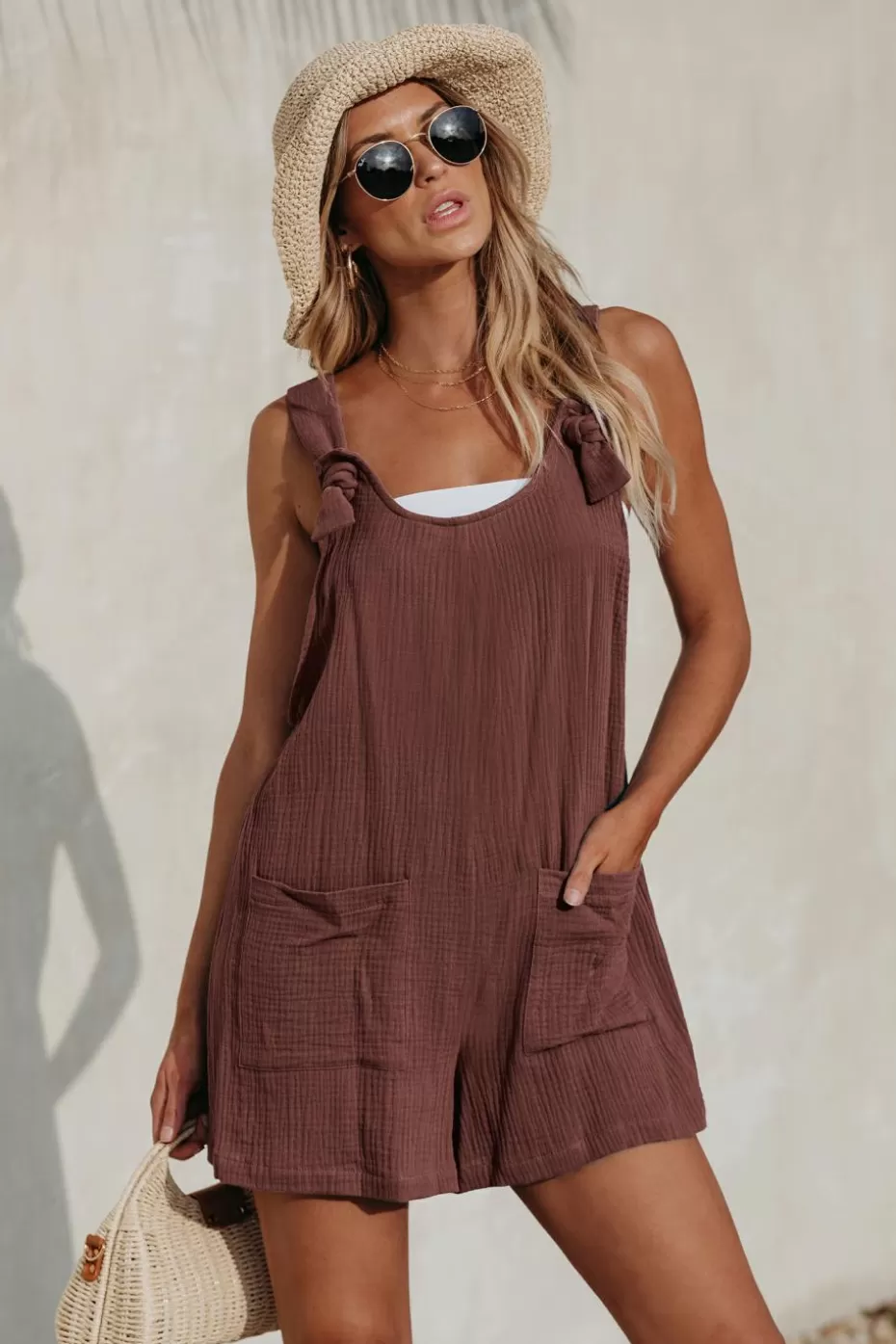 Sale Cupshe Coffee Brown Knotted Strap Loose Leg Romper Coffee/Espresso/Tobacco