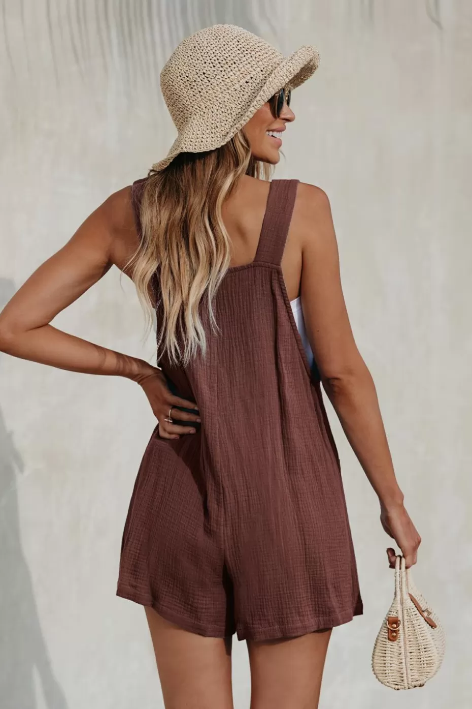 Sale Cupshe Coffee Brown Knotted Strap Loose Leg Romper Coffee/Espresso/Tobacco