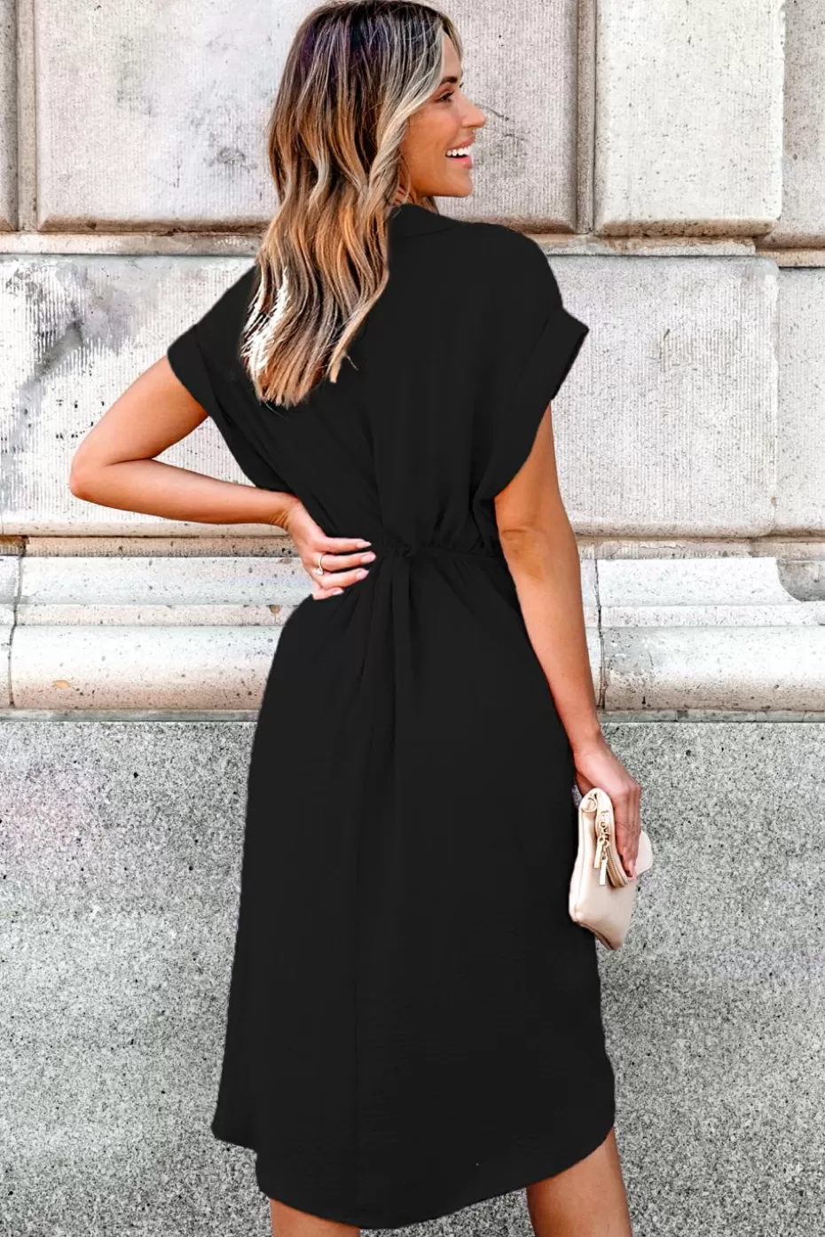 Sale Cupshe Collared Front Twist Tulip Hem Midi Dress Black