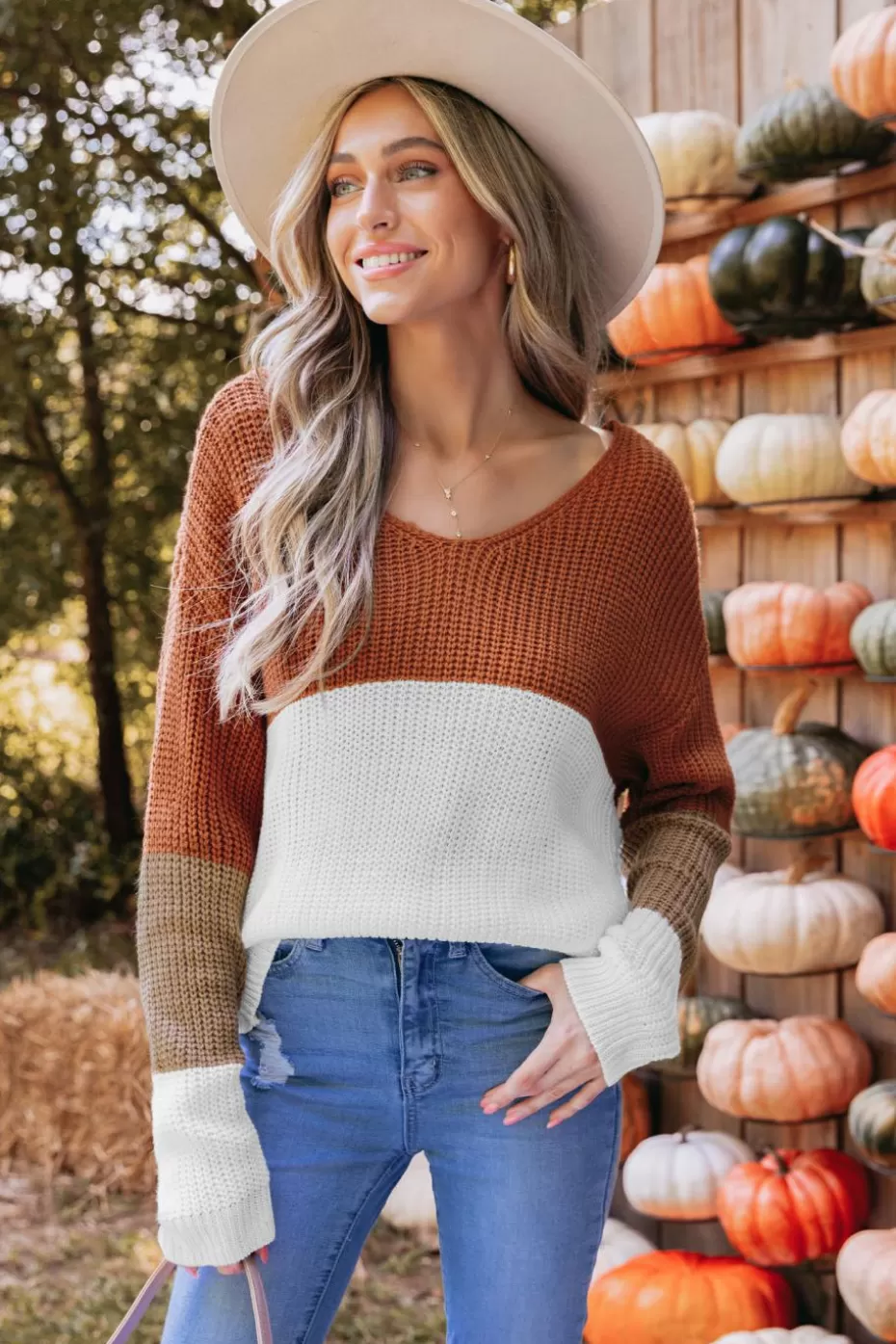 Hot Cupshe Colorblock Cutout Twist-Back Sweater Brown