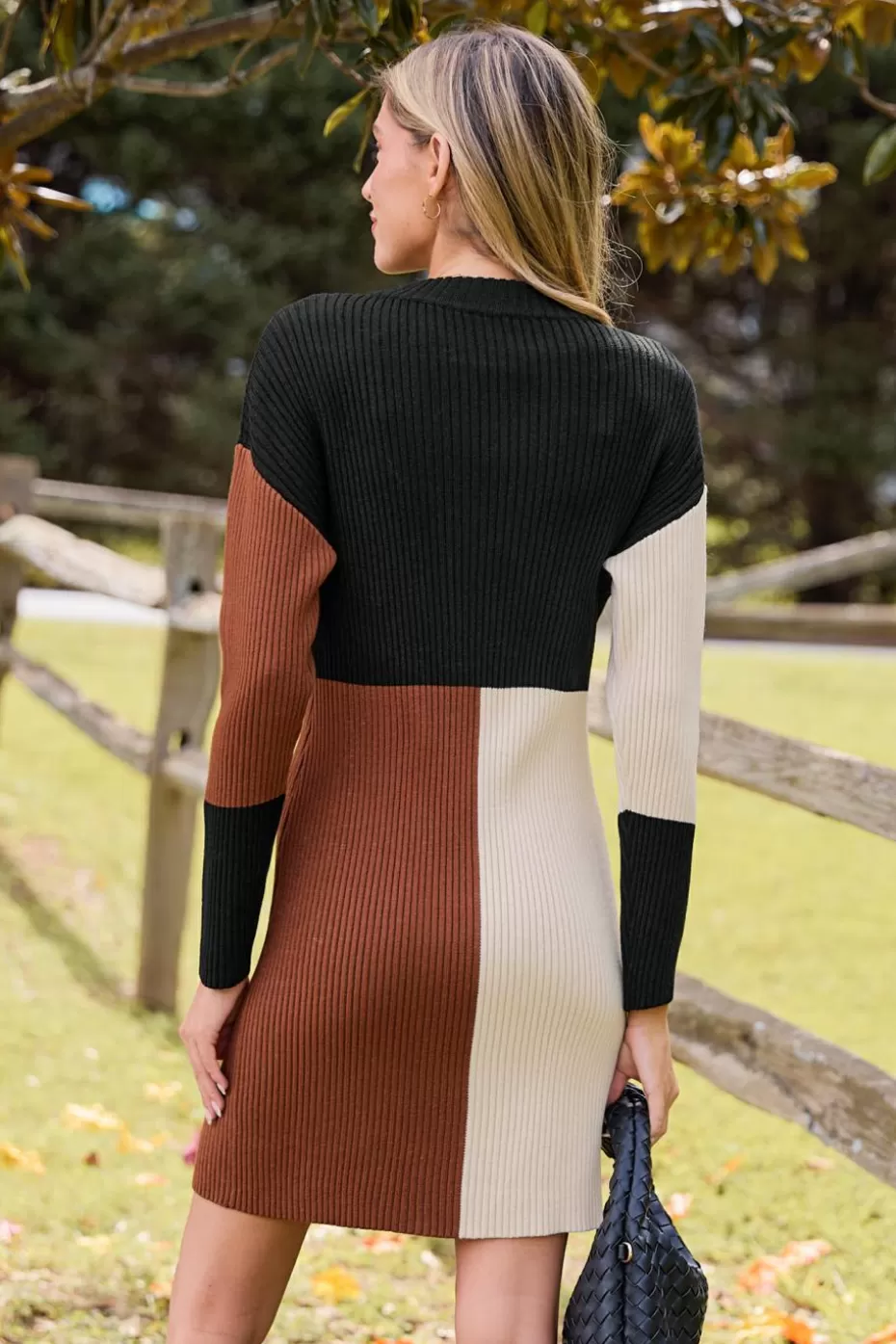 New Cupshe Colorblock Round Neck Long Sleeve Sweater Dress Black