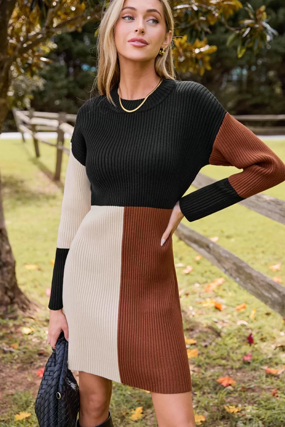 New Cupshe Colorblock Round Neck Long Sleeve Sweater Dress Black