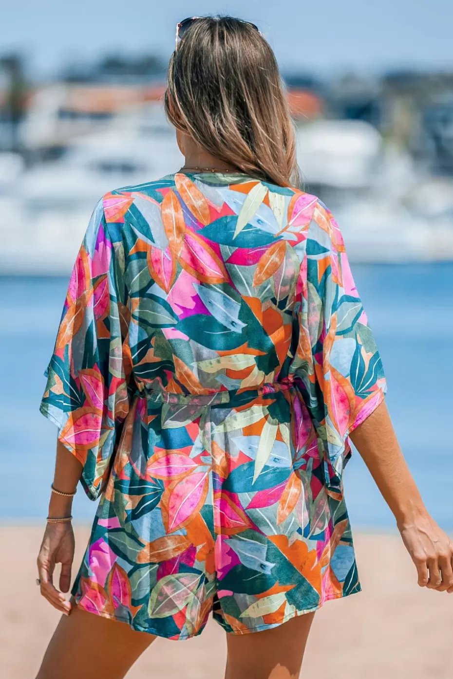 Online Cupshe Colorful Leaf Print Drawstring Romper Eucalyptus