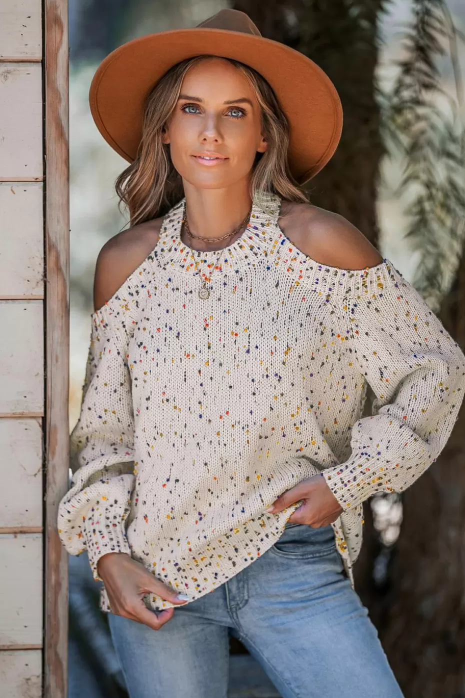 Discount Cupshe Confetti Knit Cutout Shoulder Sweater Beige