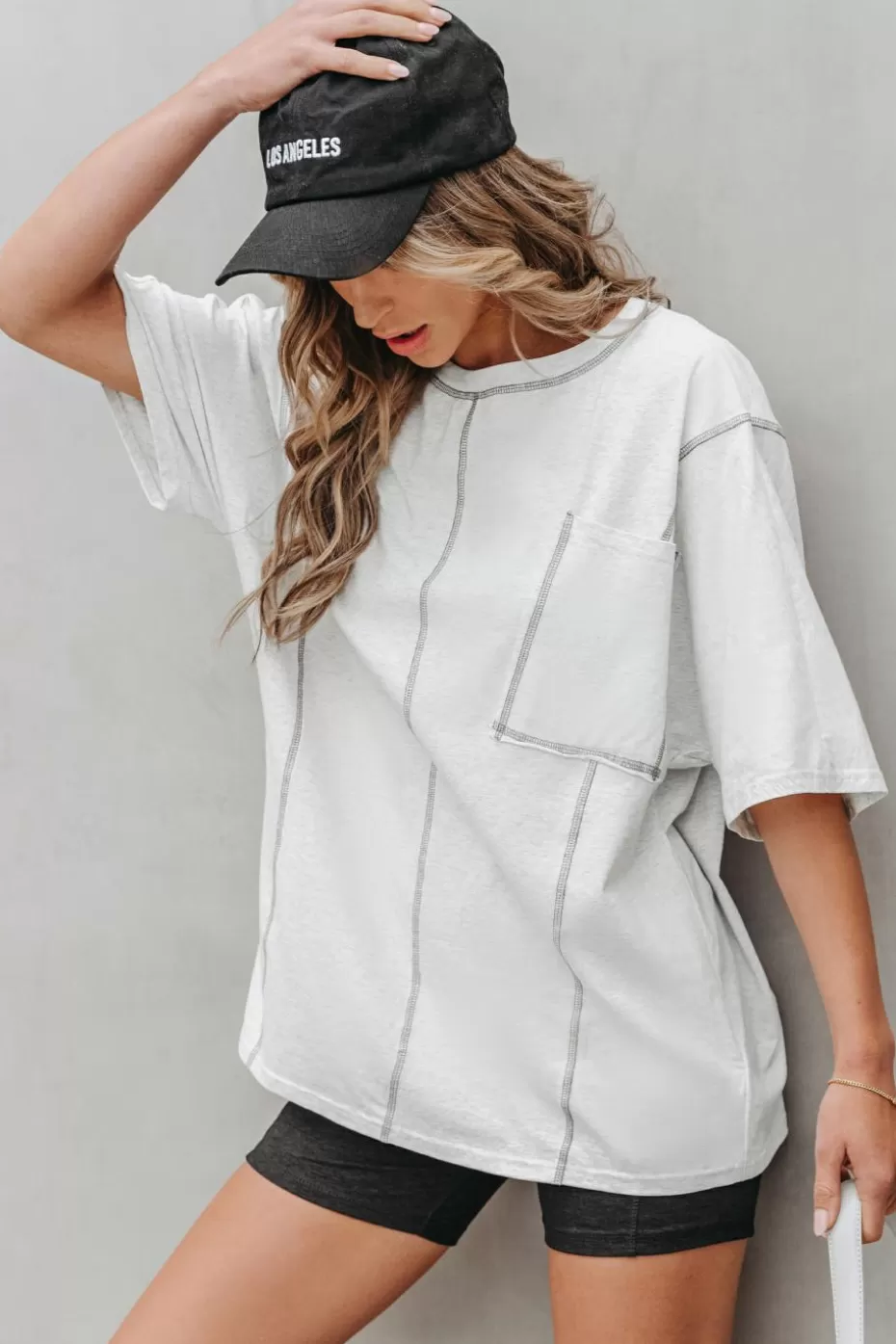 Store Cupshe Contrast Stitch Oversized Tee Light Grey