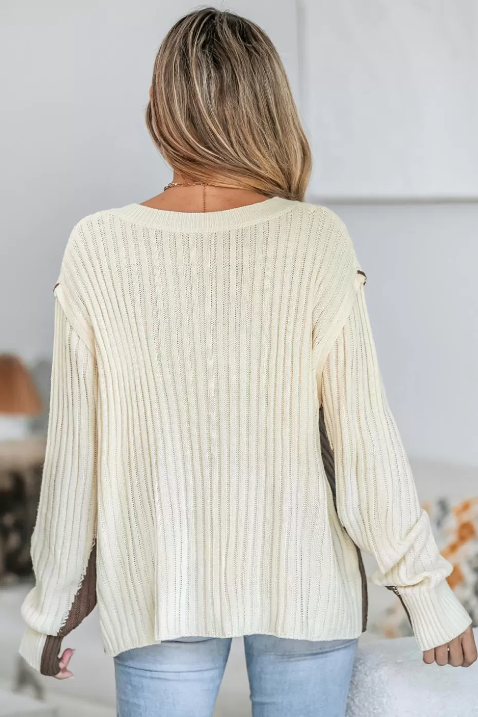 Cheap Cupshe Contrast Trim Ribbed V-Neck Pullover Camel