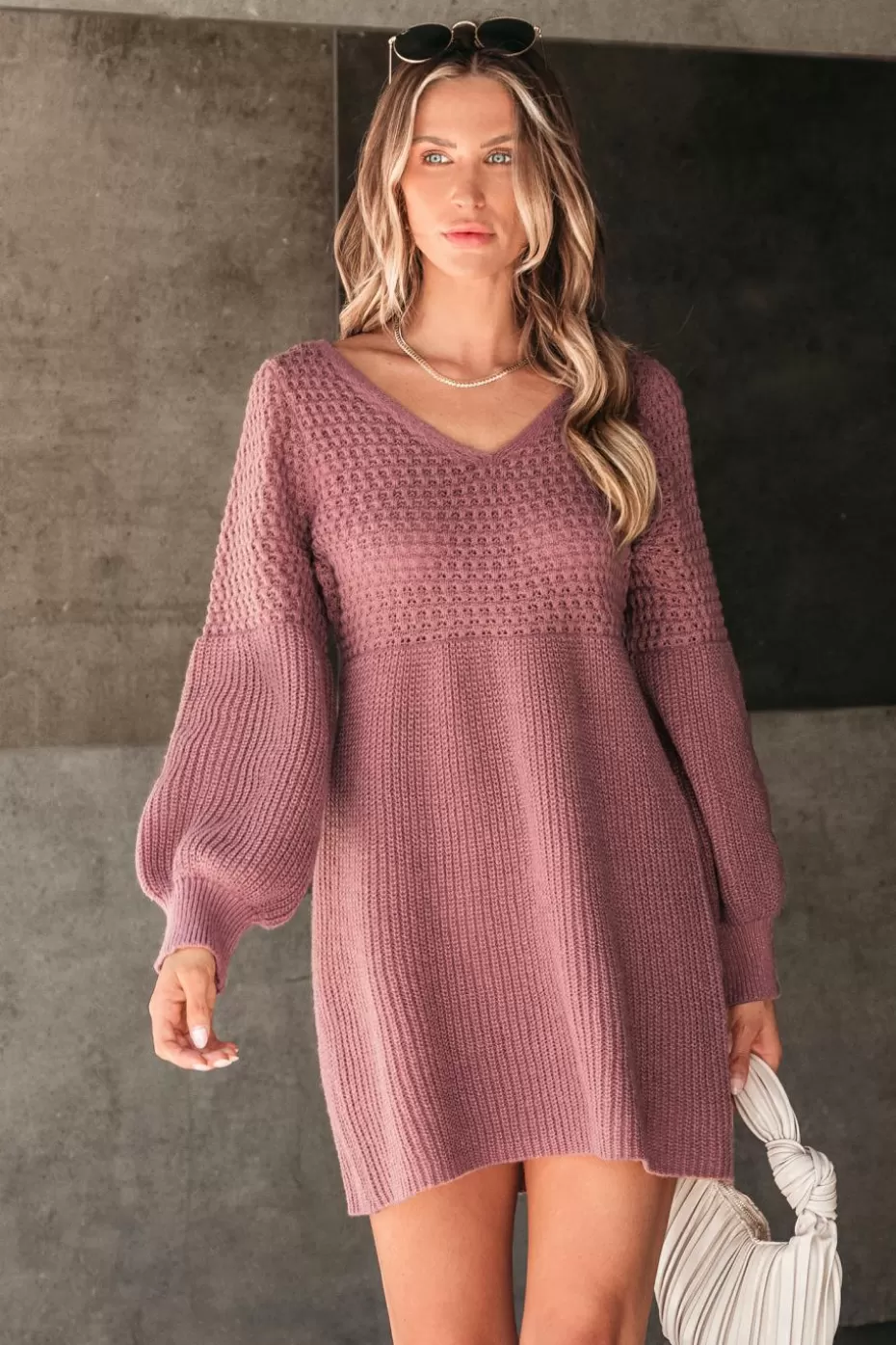 Cheap Cupshe Crochet Gigot Sleeve Mini Sweater Dress Brick