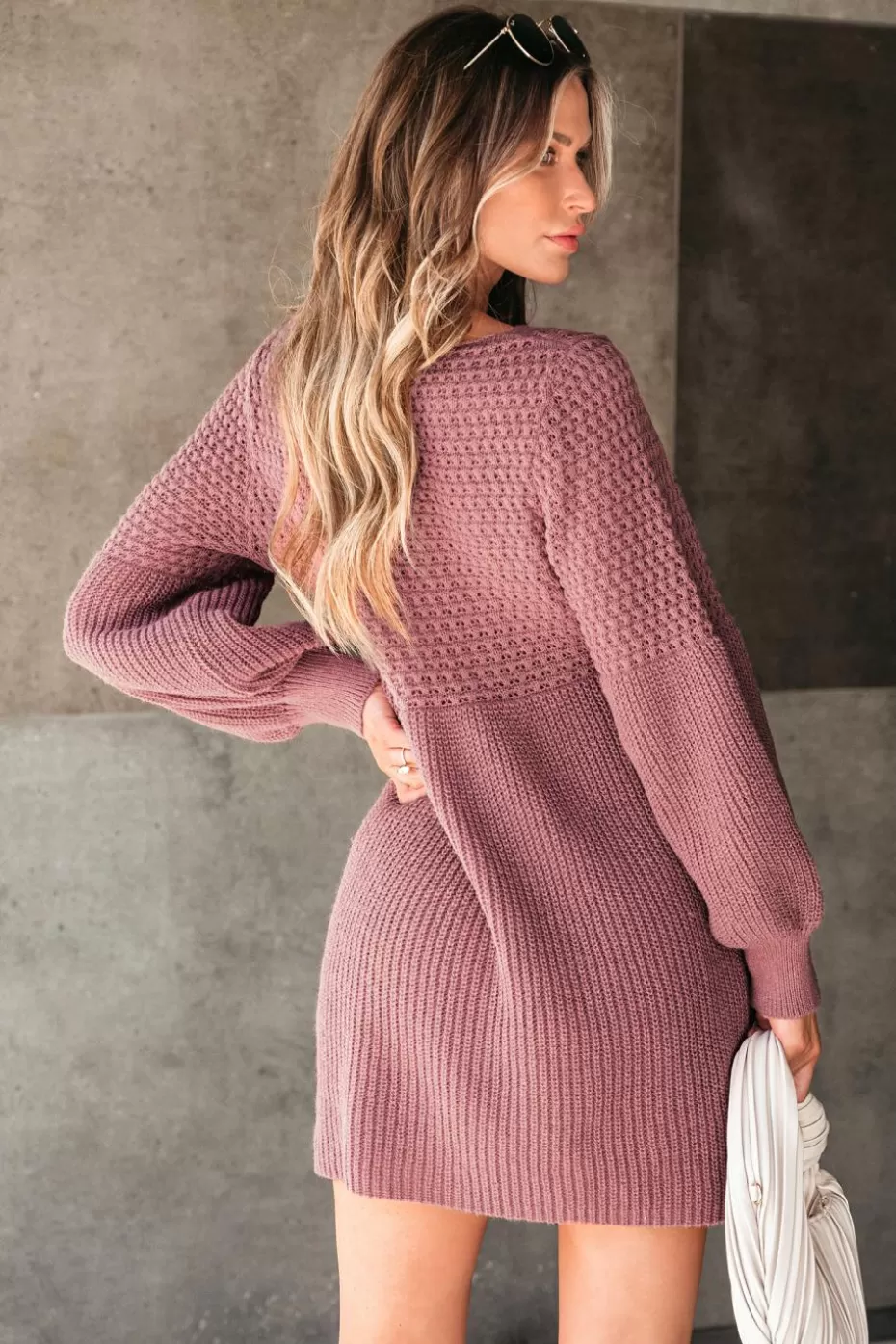 Cheap Cupshe Crochet Gigot Sleeve Mini Sweater Dress Brick