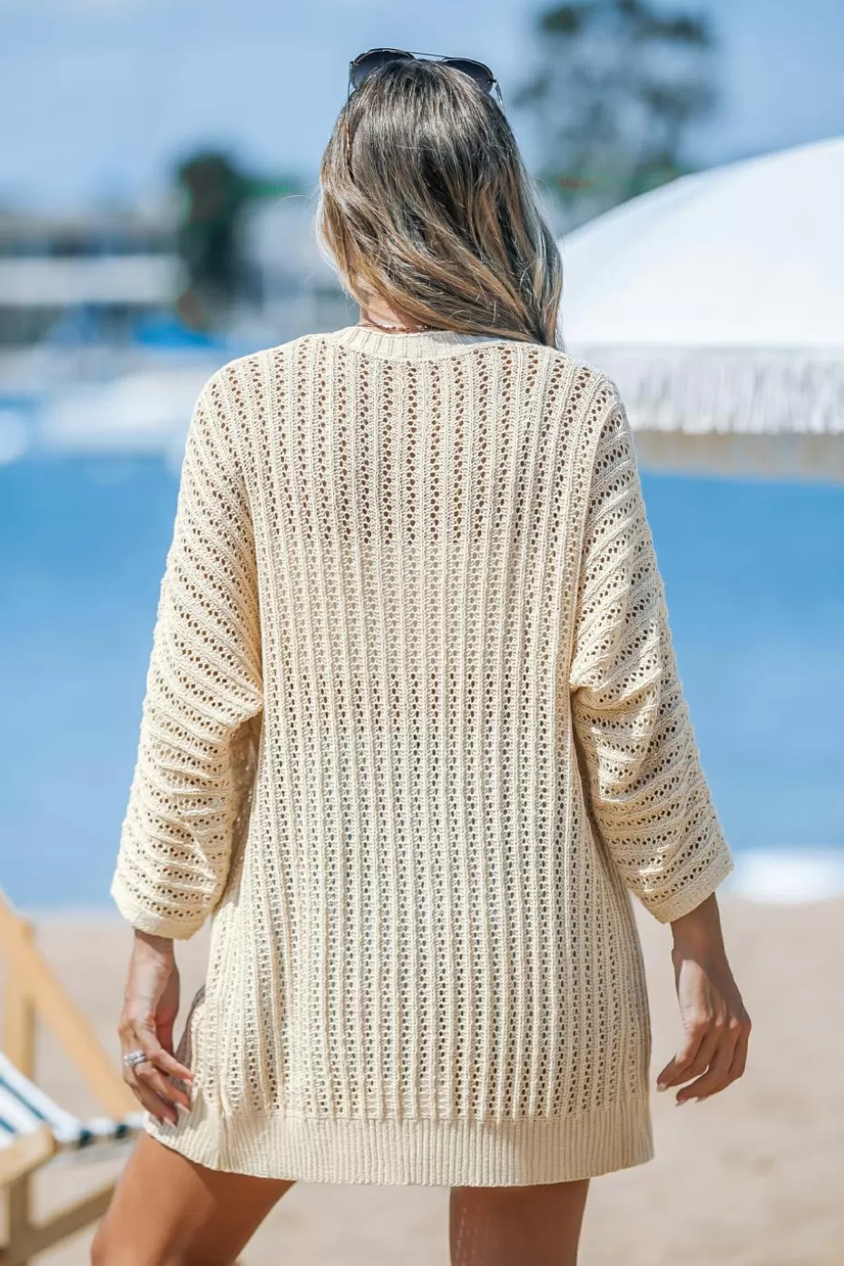 Clearance Cupshe Crochet Open-Front Cover-Up Cardigan Khaki