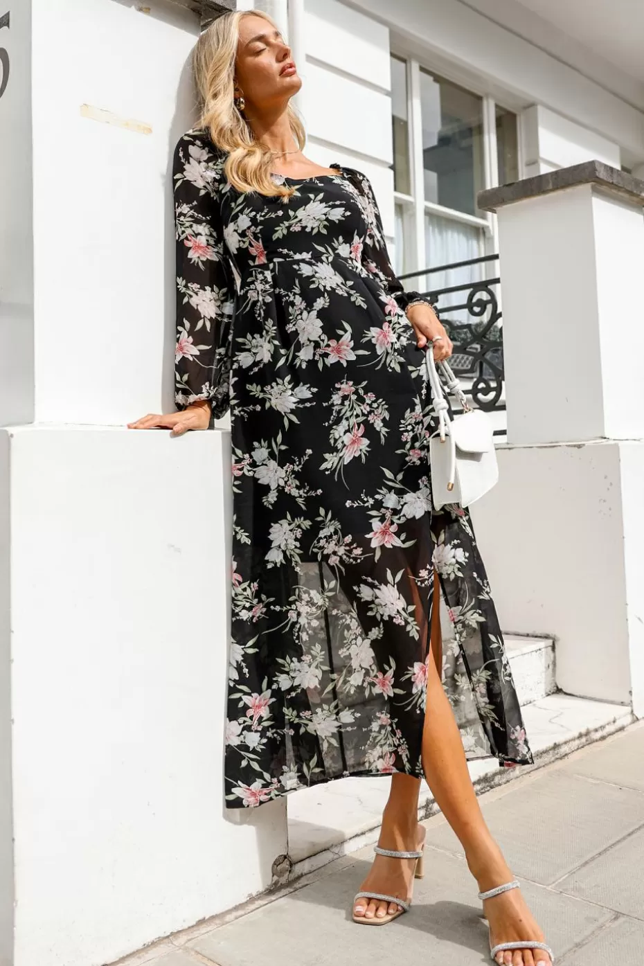 Store Cupshe Dark Floral Diamond Neck Sheer Sleeve Maxi Dress Black