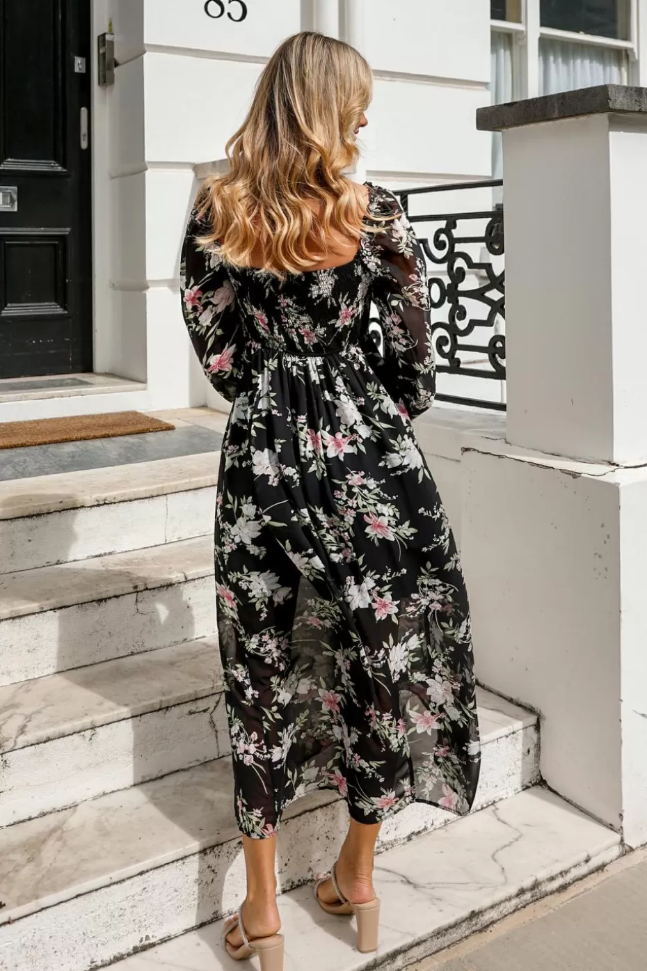 Store Cupshe Dark Floral Diamond Neck Sheer Sleeve Maxi Dress Black