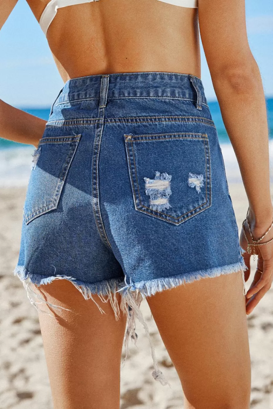 Best Cupshe Denim Destroyed Straight Leg Shorts Cobalt