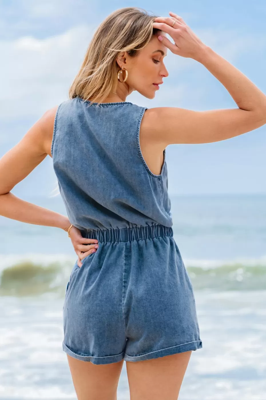 Best Cupshe Denim Sleeveless Front Button Straight Leg Romper Blue