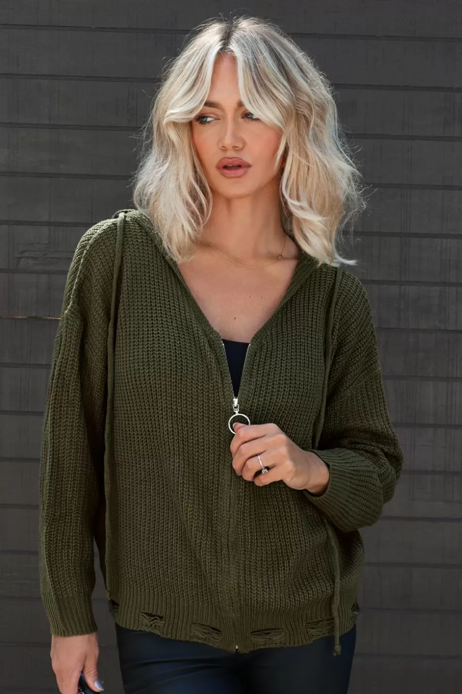 New Cupshe Distressed Crochet Green O-Ring Sweater Olive