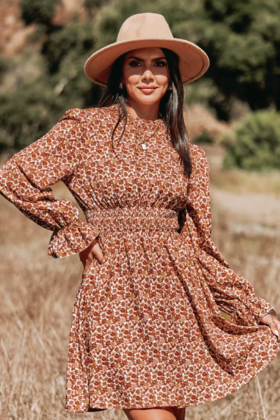 Fashion Cupshe Ditsy Floral Print Ruffled Smocked Mini Dress Brown-Brown