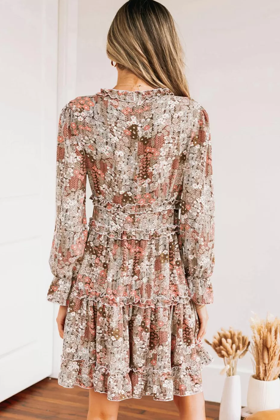 Shop Cupshe Ditsy Floral Print V-Neck Ruffled Mini Dress Apricot