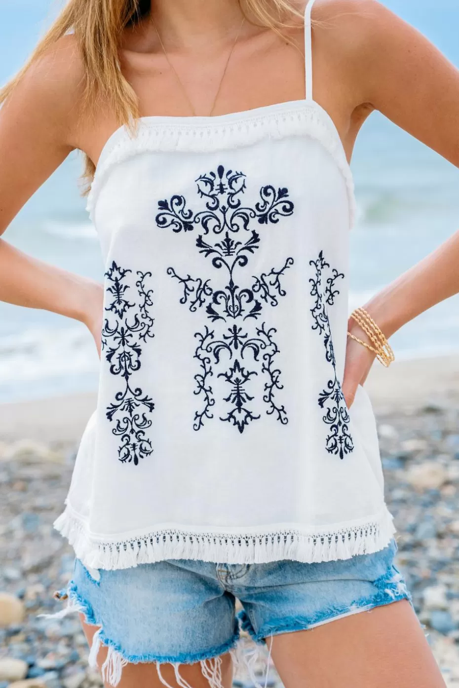 Best Sale Cupshe Embroidered Square Neck Tassel Trim Cami White