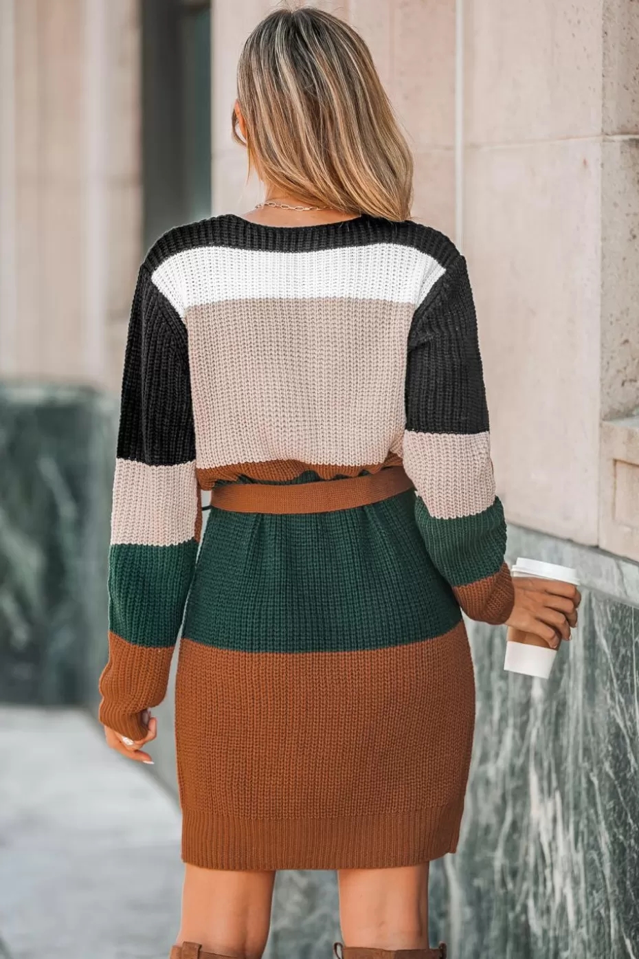 Online Cupshe Fall Feels Belted Striped Sweater Dress Brown