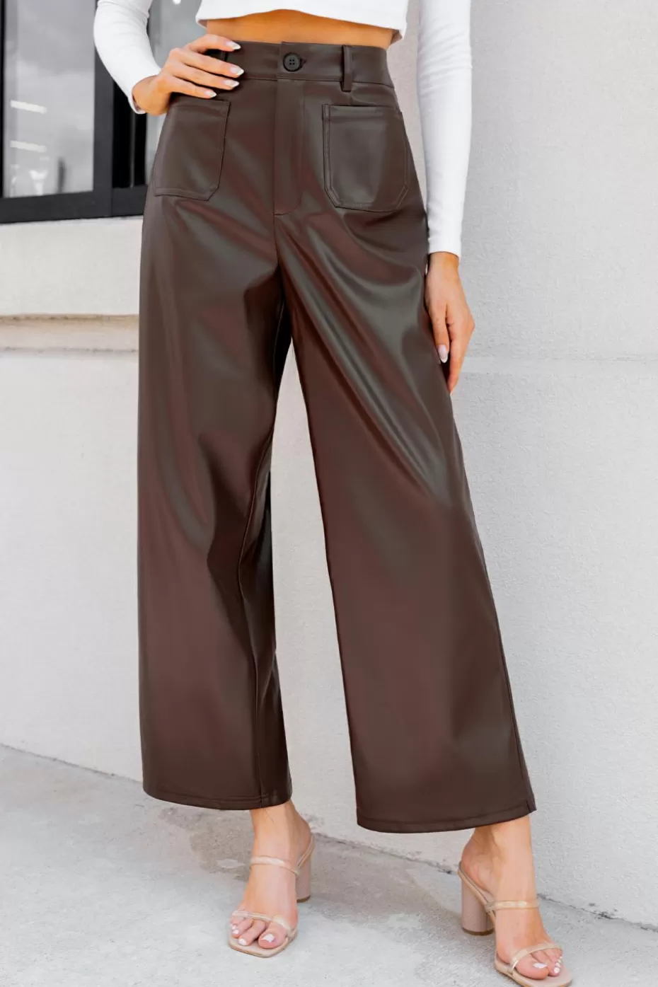 Cheap Cupshe Faux Leather Patch Pocket Straight Leg Pants Tan