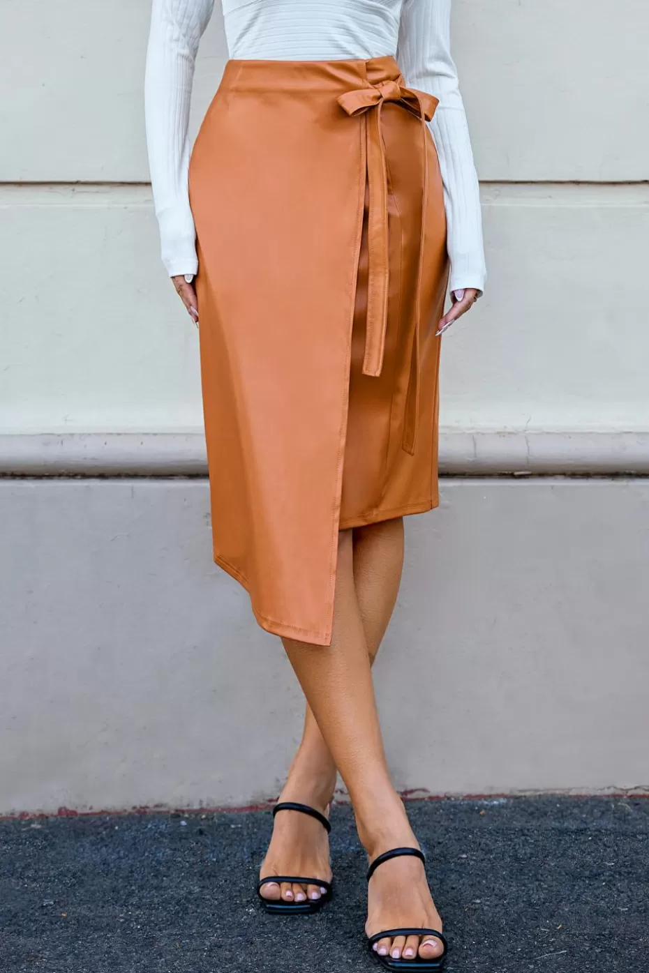 Cheap Cupshe Faux Leather Wrap Midi Skirt Burnt Orange