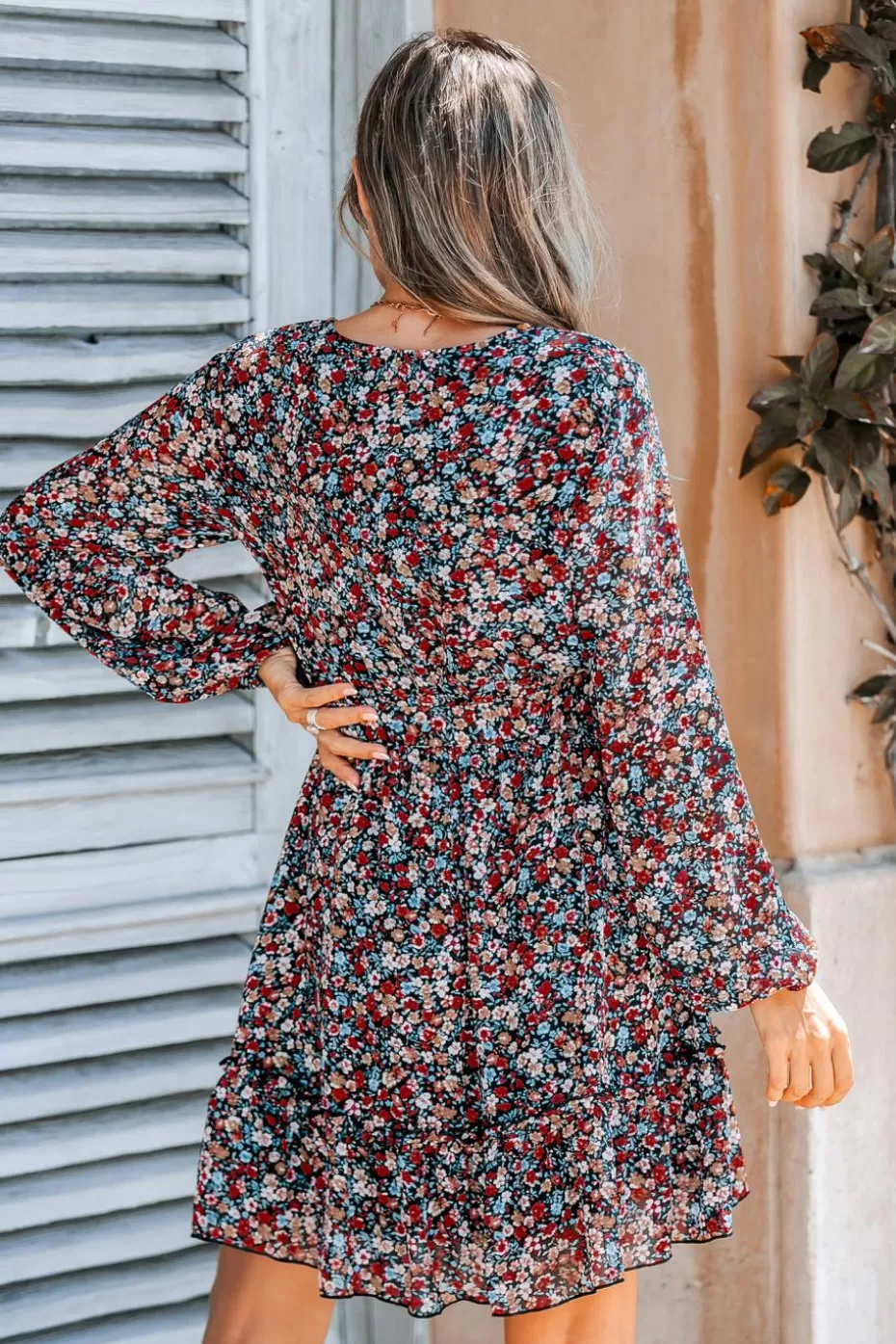 Online Cupshe Floral Ditsy V-Neck Long Sleeve Mini Dress Red