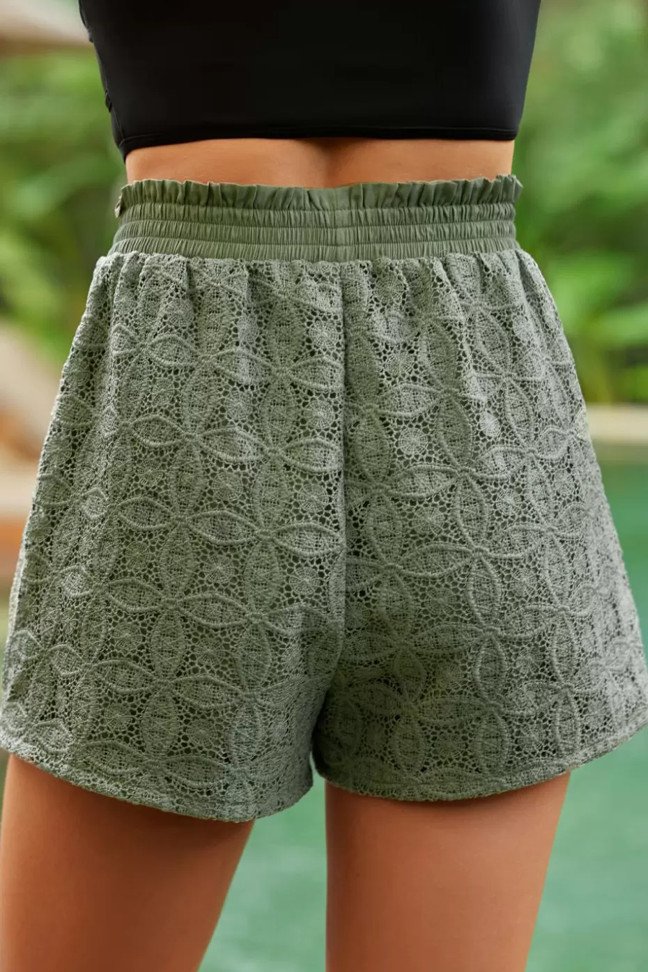 Outlet Cupshe Floral Lace Paperbag Waist Shorts Olive